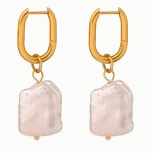 Gold Plated Square Oval Hoops -Genuine Pearl drop - NEW